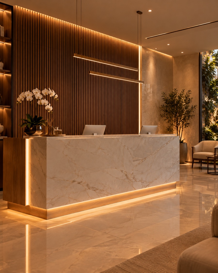 Marble reception desk with a warm glowing base and orchids