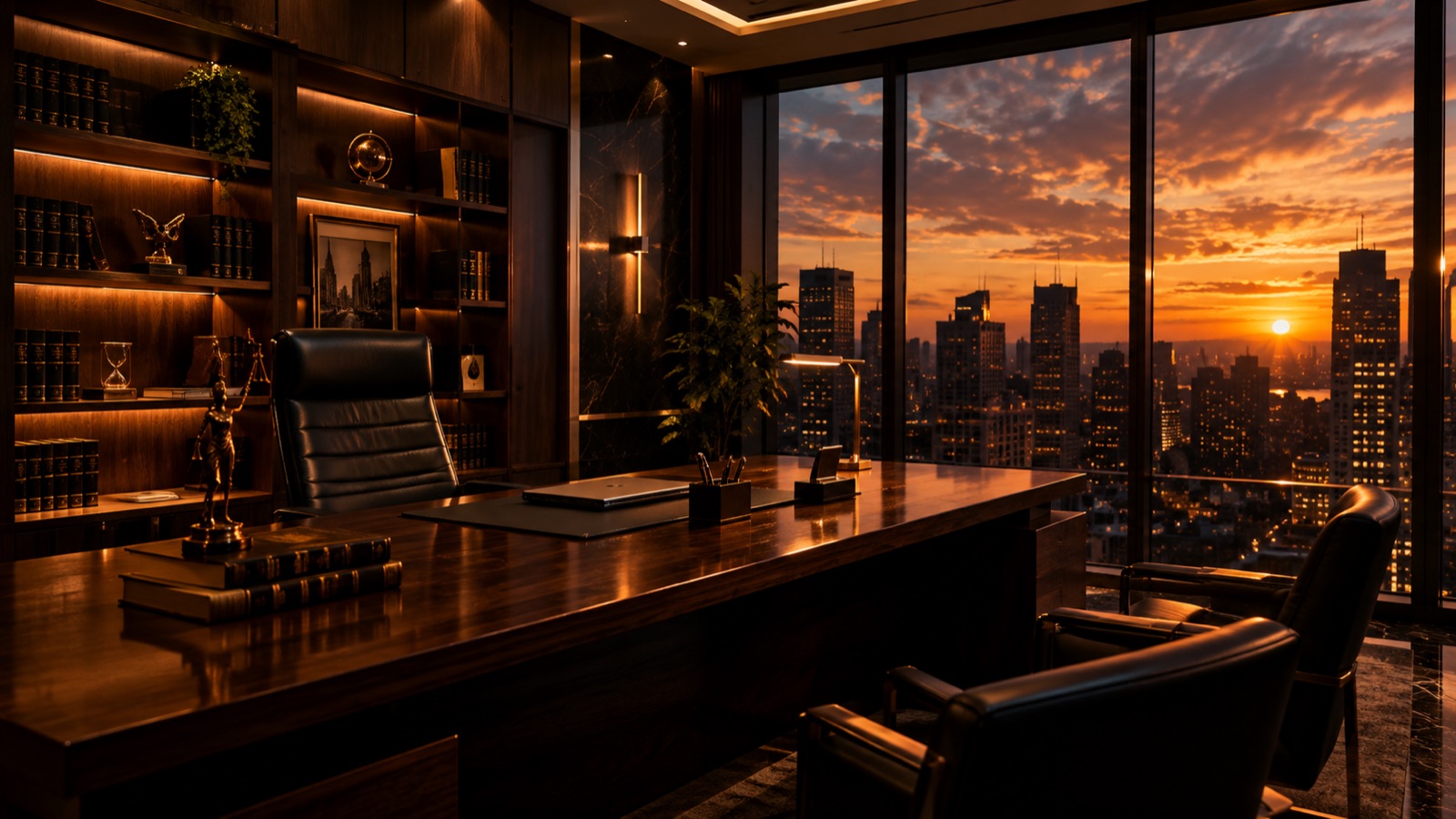 A partner's office at sunset, with a walnut desk, leather chairs and a city skyline through tall windows
